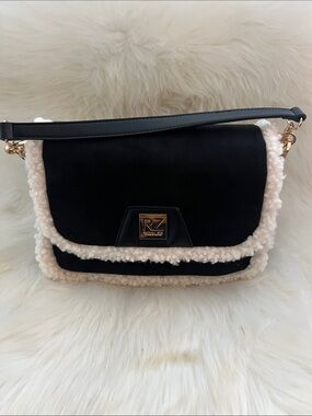 Rachel Zoe Black Shoulder Bag with Cream Shearling Trim